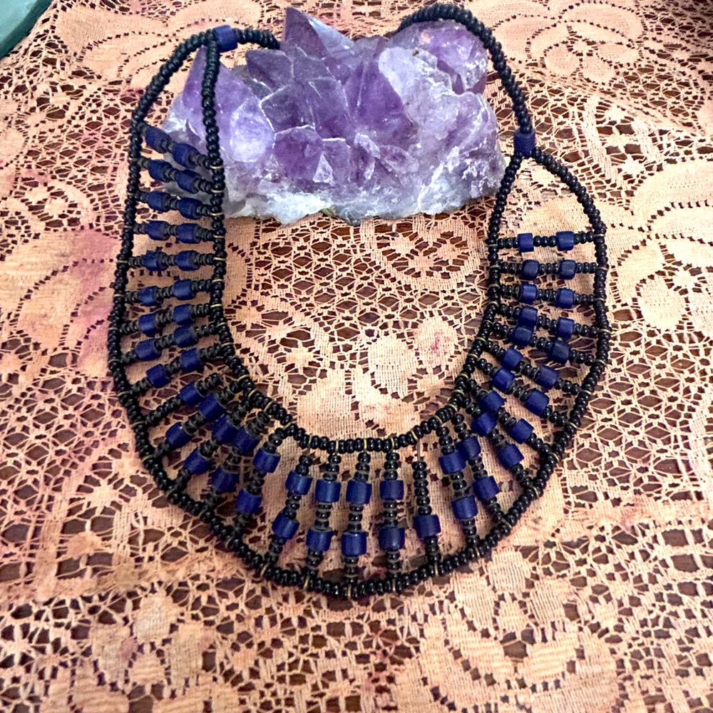 Beaded blue and black choker necklace